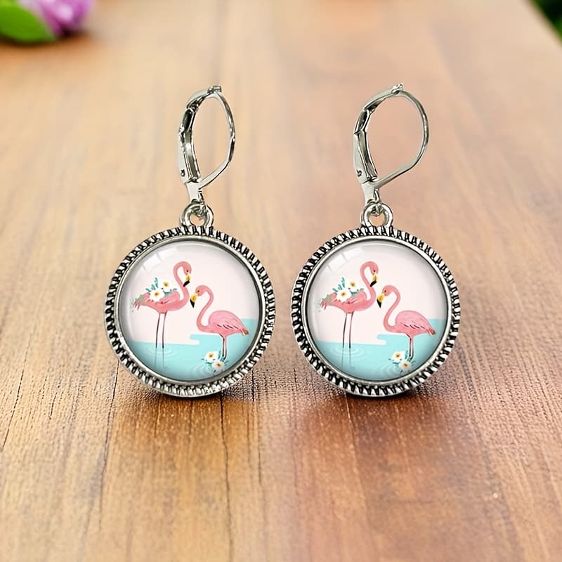 TEMU A Pair Of Vintage Round Glass Earrings Featuring Summer Flamingos, Without Battery