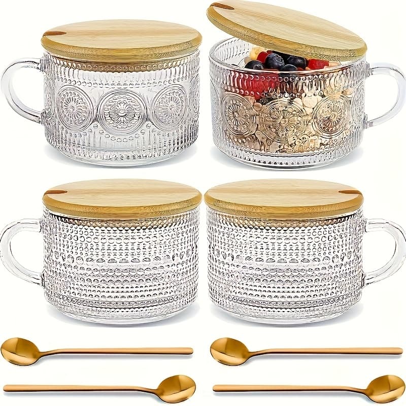 TEMU 4pcs Coffee Cups With Spoons & Lids - Reusable Suitable For Hot/cold Drinks, 450ml/15.2oz For School, Office, Travel - Lid & Spoon, Dotted For Juice, Latte, Tea - Gifts