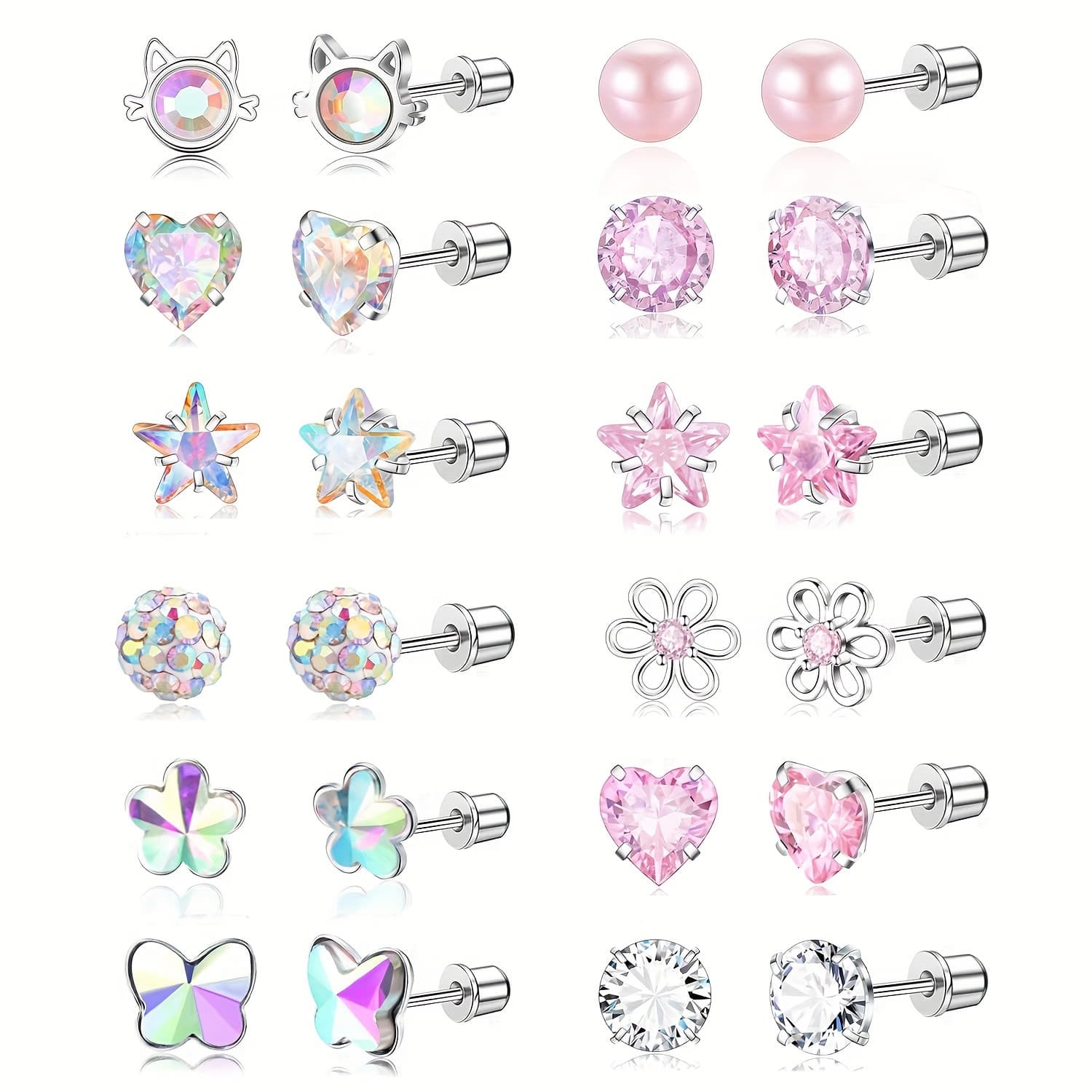 TEMU 12 Pairs Stud Earrings Hypoallergenic Women Screw Back Earrings Women Surgical Stainless Steel Earrings Cute Flowers Stars 20g Cubic Synthetic Zirconia Flat Back Earrings Set
