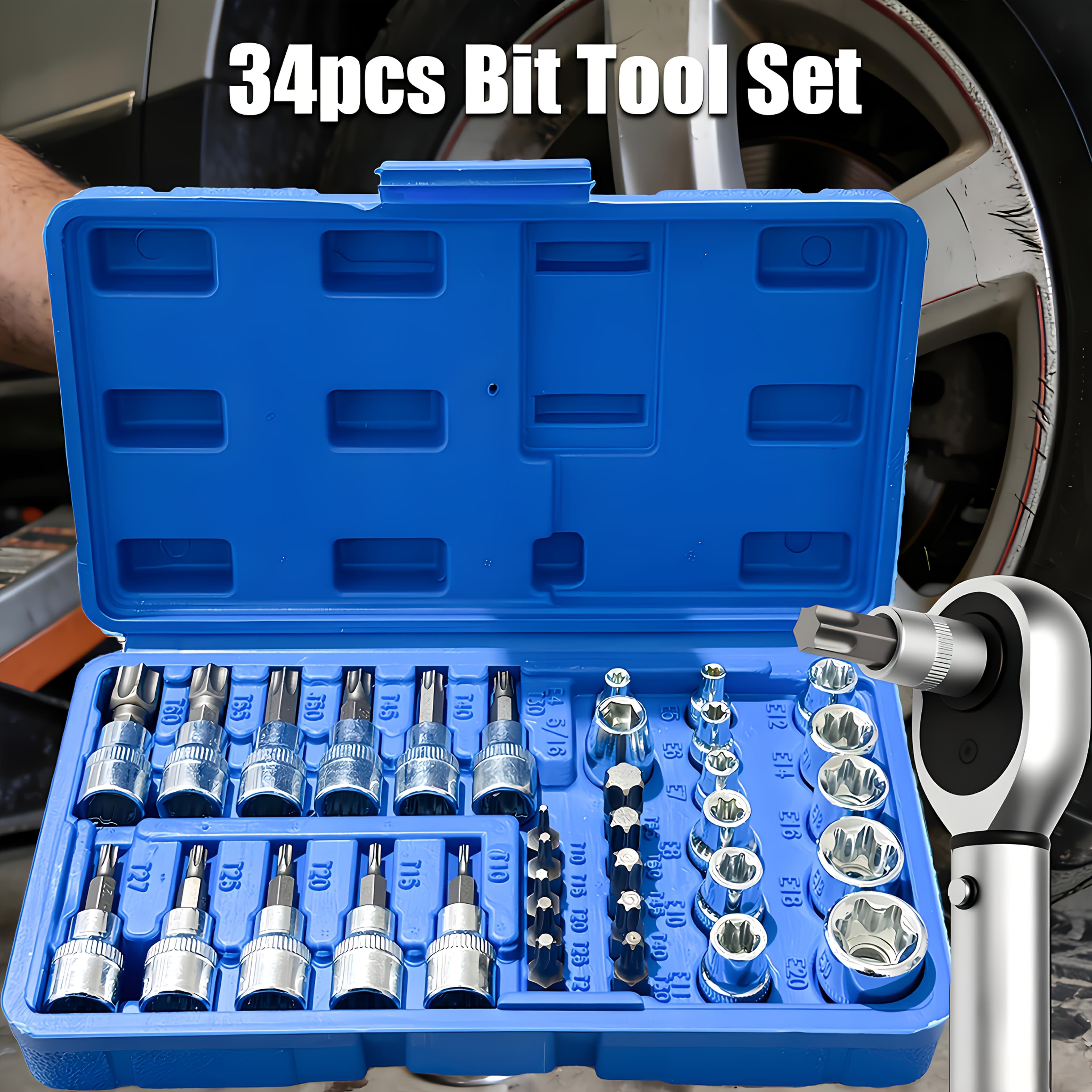 TEMU 34pcs Torx Bit Socket And E-torx Star Socket Set 1/4" 3/8" 1/2" Drive Male Female E-torx Security Bits Handheld Tool