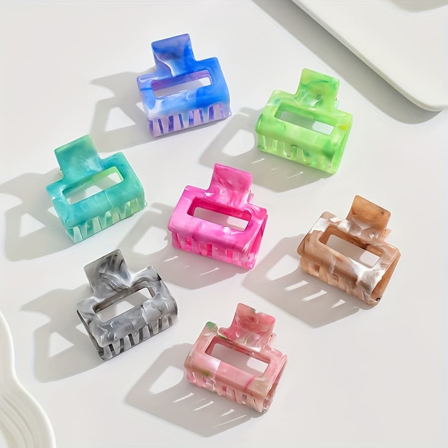 TEMU 7pcs Spring/summer Glossy Colorful Marble Pattern Square 4cm Medium Hair Claw Easy Commuting Basic Versatile Half Tie Hair Shark Clip Hairpin Suitable For Daily And Casual Vacation Parties