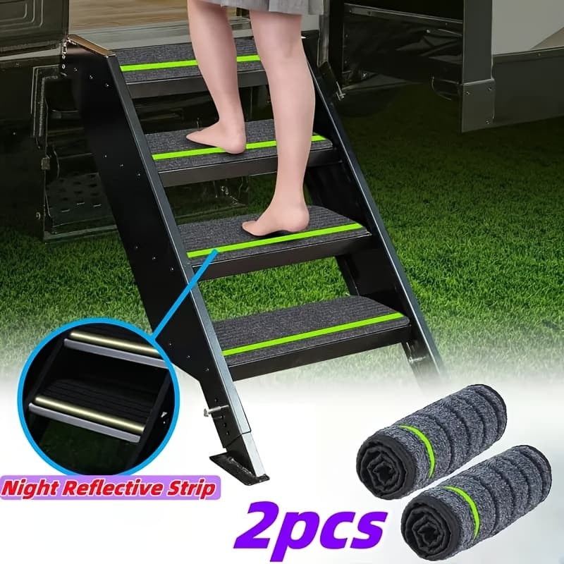 TEMU Premium Rv Step Covers - Durable, Non-slip, Reflective Camping Rug Set, Enhance The Safety And Style Of Your Travel Trailer, , Black Polyester Construction