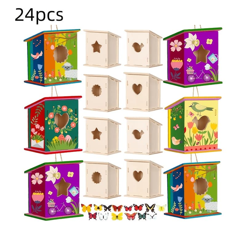 TEMU 24pcs Wooden Birdhouse Craft Kits For To Build, 4 Shapes Bird House Kit Wooden Unfinished With Watercolor Pen And Sticker For Arts Crafts Bulk(classic)