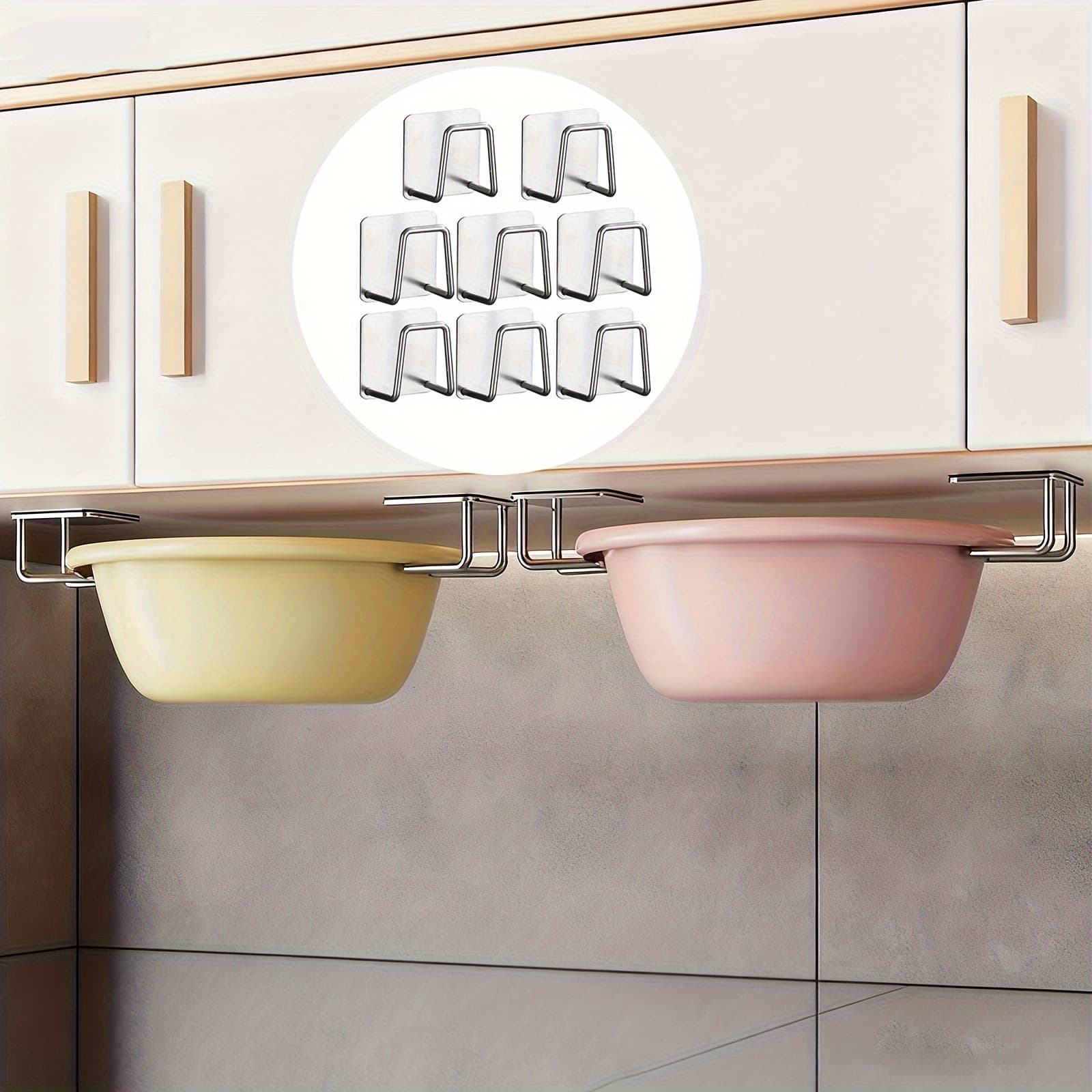 TEMU 8pcs Stainless Steel Kitchen And Bathroom Storage Set, With Sink Drain Rack, Pot Lid Organizer & Sponge Hooks, Multi-functional Adhesive Organizer For Dish Drying And Cleaning Supply Storage