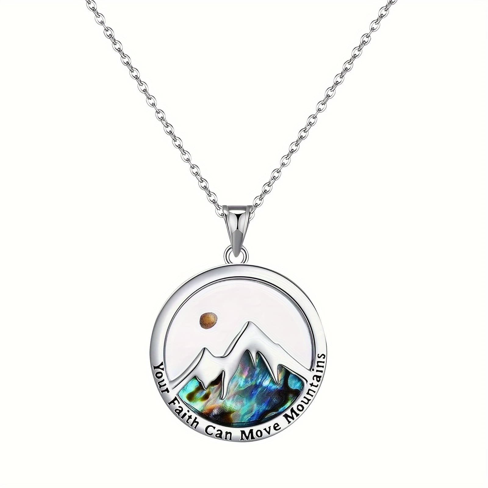 TEMU Women's Mountain Christian Necklace Colorful Abalone Shell "your Faith Can " Engraved Stainless Steel Round Pendant Inspirational Gift