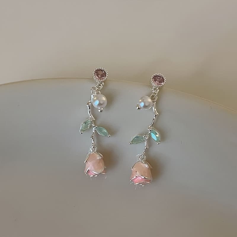 TEMU 1 Pair Of Elegant Pink Dangle Earrings, Long Floral Earrings, Suitable For Casual Wear, Gift , Fashion Additions, Suitable For