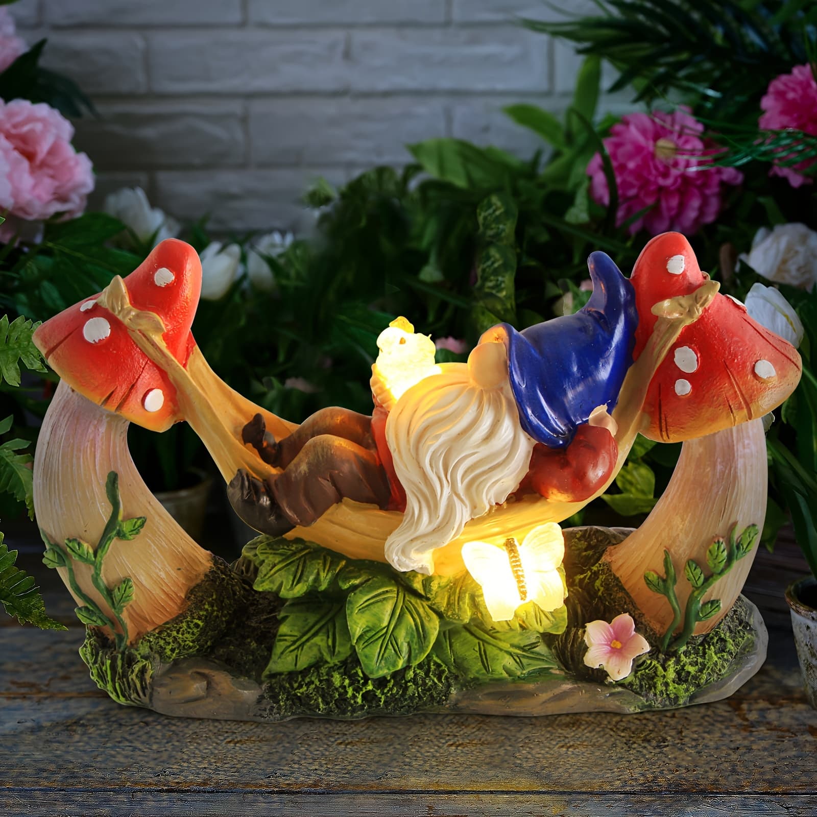 TEMU Outdoor Garden Gnome Statue, Solar Gnomes Figurine Lying On Hammock With Bird And Mushrooms, Outdoor Garden Decoration For Patio Yard Lawn Porch, Garden Gifts Valentine's Day Gifts Decorations