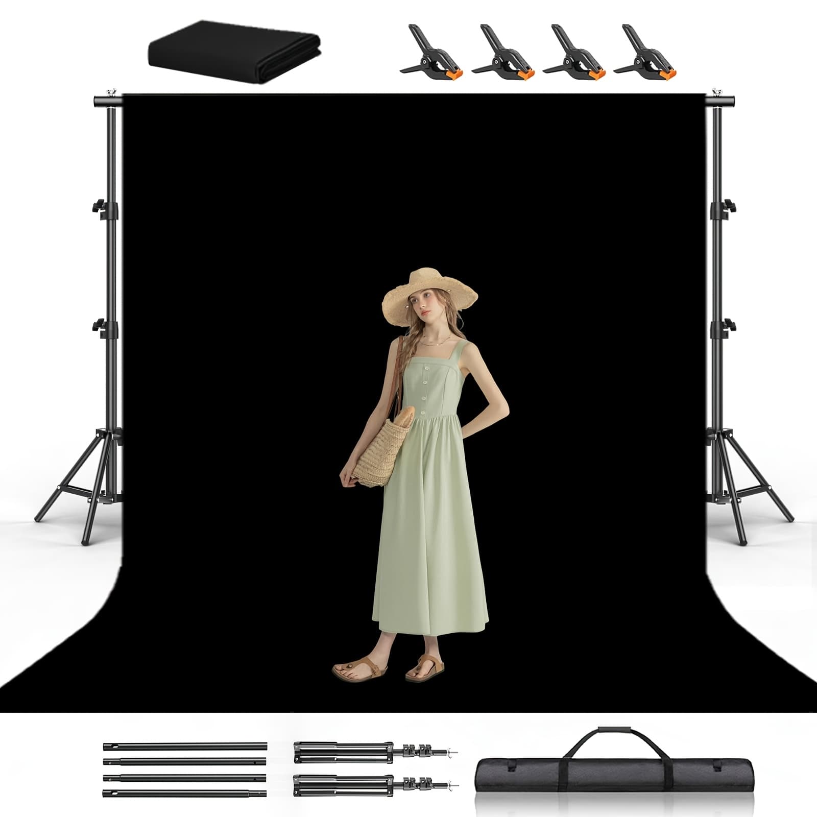TEMU 10x10ft Black Backdrop Screen With Stand Kit, 7.5 X 10ft Portable Backdrop Stand Kit With Carrying Bag And 4 Clamps For Photoshoot Portraits Party Video Recording