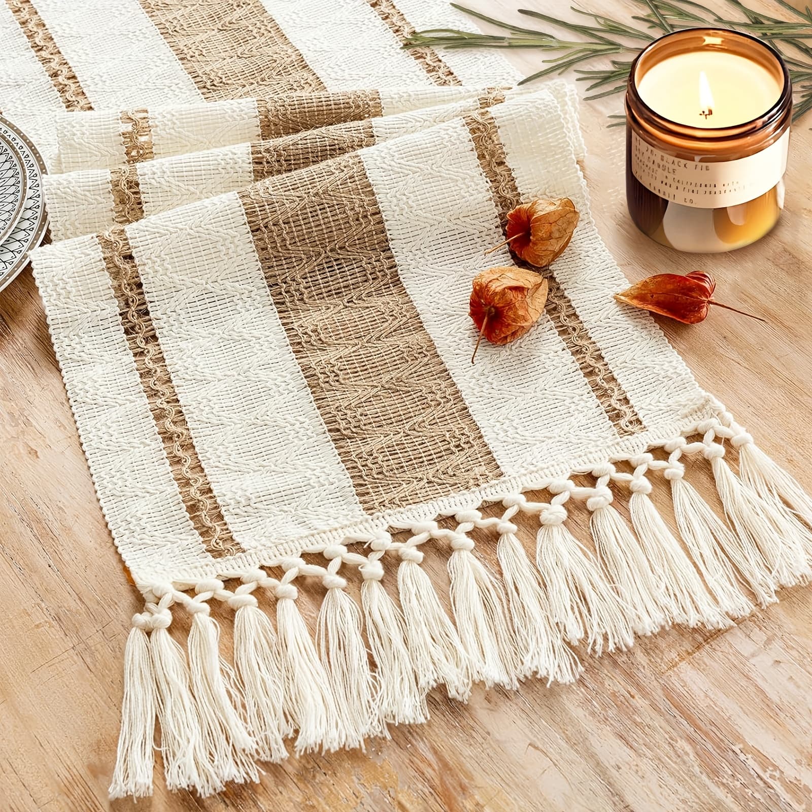 TEMU Boho Table Runner For Home Decor With Out Tassels Long Farmhouse Rustic Table Runner Macrame Burlap Table Decoration For Living Room Bridal Shower