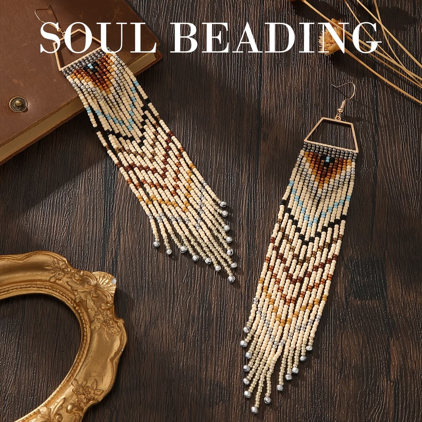 TEMU Soul Beading Bohemian Ethnic Desert Tribal Geometric Beaded Tassel Earrings, Cream Brown Light Blue Black Silvery Frame Drop Dangle Jewelry, Trendy Fringe Accessory For Party & Daily Wear