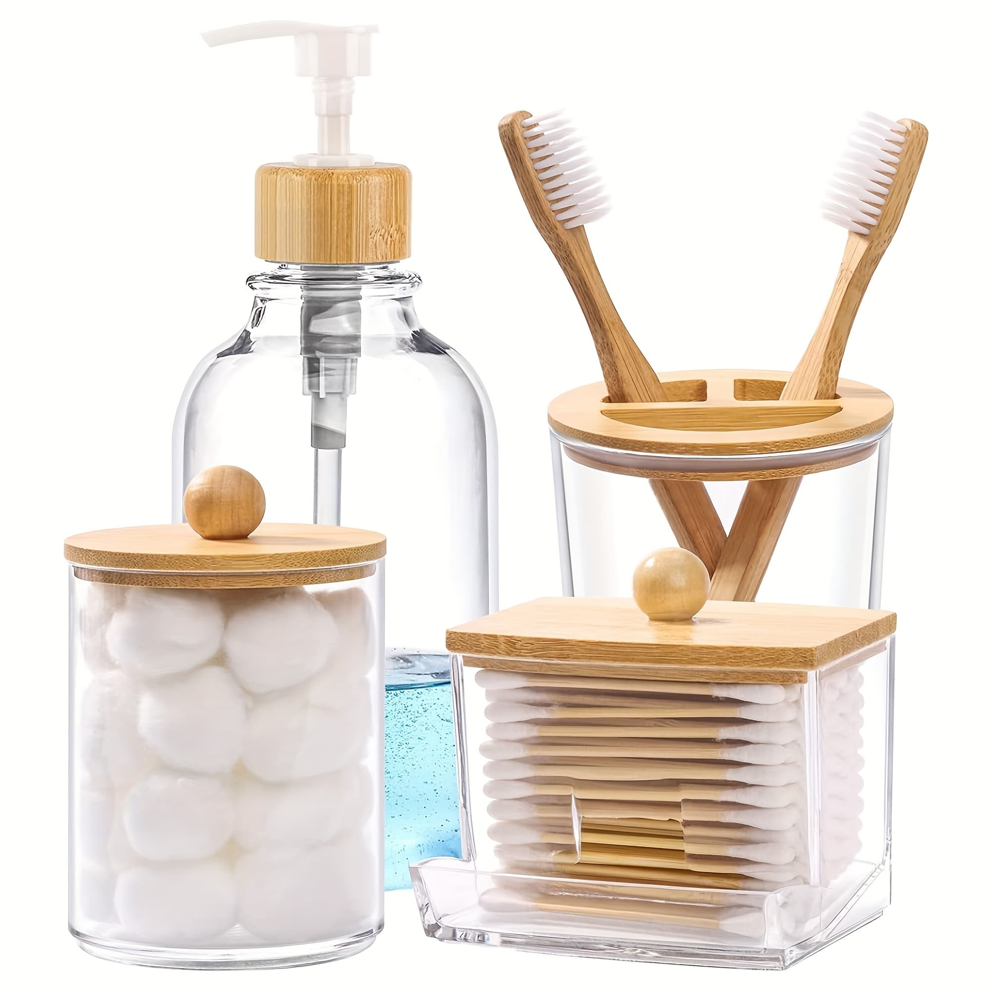 TEMU 4pcs Bathroom Accessories Set - Soap Dispenser, Toothbrush Holder, 2 Qtip Jars, Rustic Bathroom Decor, Organizer For