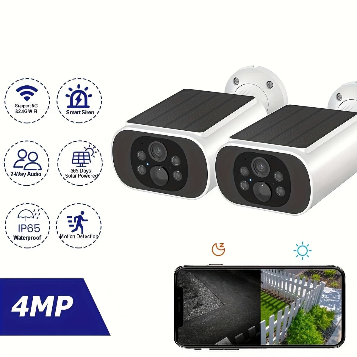 TEMU 4mp Solar-powered Outdoor Camera Wireless, Home Security System With Integrated Solar Panel, Color & B/w Night Vision , High Quality, Motion Detection & Talk, , 5ghz & 2.4ghz Wifi