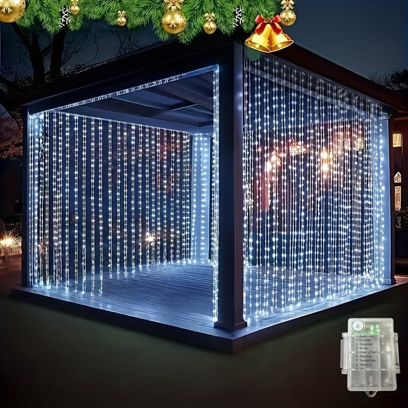 TEMU 9.8×6.5/9.8ft Outdoor Waterfall String Lights (300 Lights) - Button Control, 8 , Battery Powered (batteries ) - Great Fairy Lights For Gazebo, Patio, Wedding, Party