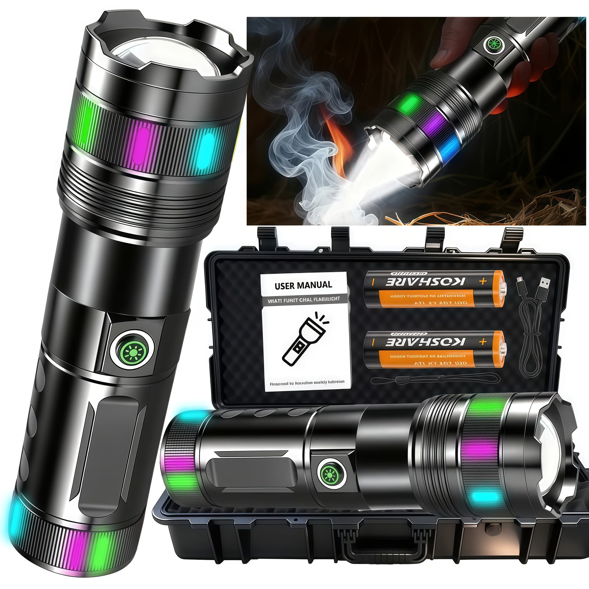 TEMU Rechargeable Fire Starter Flashlight With - Tactical Torch - High-lumen, Adjustable Beam & Range, Compatible For Survival, Camping, Emergencies, For Night Riding ( Included)
