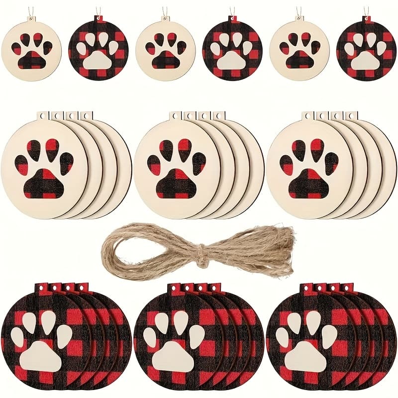 TEMU 24pcs Christmas Dog Paw Print Wooden Decorations, Mobiles, Cute Paw Print Christmas Tree Pendant With Rope, Used For Holiday Christmas Tree Decoration, Home Decoration, And Gift