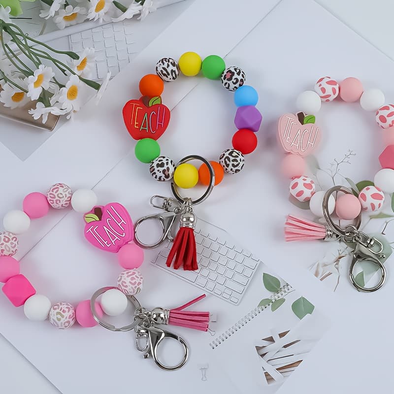 TEMU Set Of 3 Teach Silicone Beads With Short Tassel, Women's Key Ring, Anti-loss Keychain, Perfect For Graduation, Homecoming, Holiday Gifts, And Teacher's Day