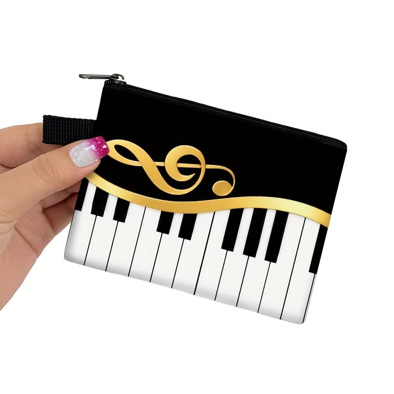 TEMU Elegant Musical Notes Piano Keyboard Graphic Print Coin Purse Women Credit Card Key Earphone Holder Money Zipper Pouch Coin Bag
