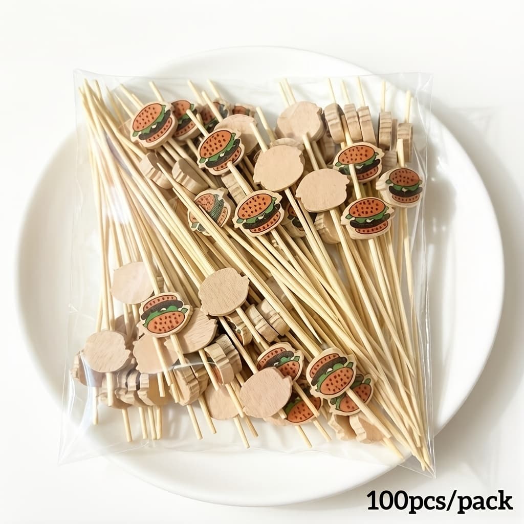 TEMU 100pcs Bulk Bamboo Burger Skewers - 4.72 Inch Large Hamburger-shaped Disposable Food Sticks With Bun & Lettuce/tomato Tips For Parties, Weddings, Bbqs, Themed Events - & Party Supplies (bamboo)