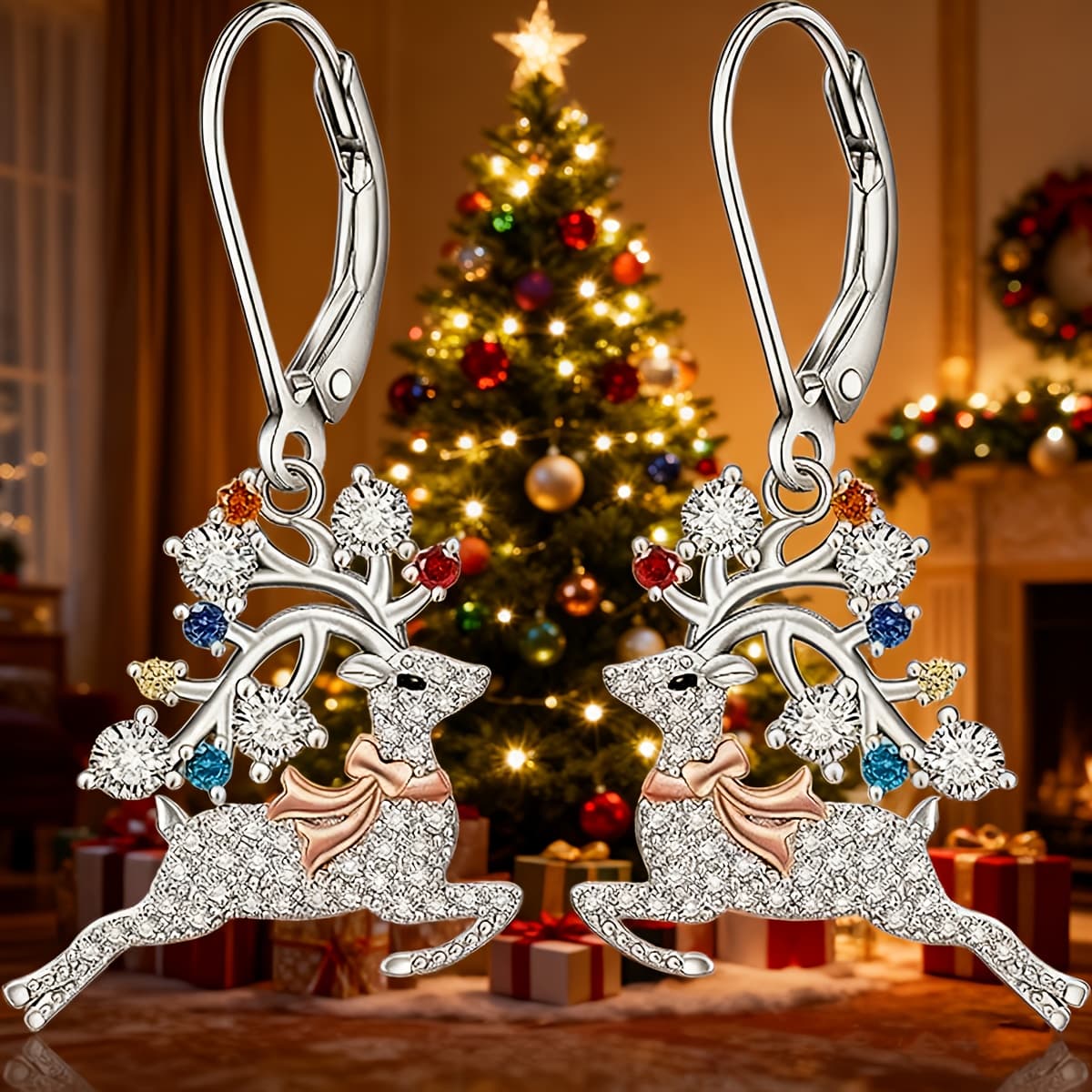 TEMU Elegant Women's Earrings Featuring Stylish And Creative Colorful Christmas Reindeer Pendants, Wear And As Holiday Jewelry Gifts