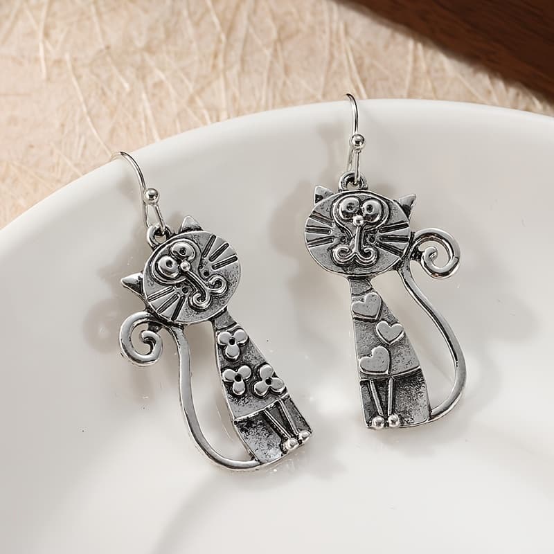 TEMU Vintage Silvery Color Cute Cat Earrings With Bohemian Style Exquisite Carving And Unique Flower Pendant Earrings Suitable For Daily And Party Gifts, Jewelry
