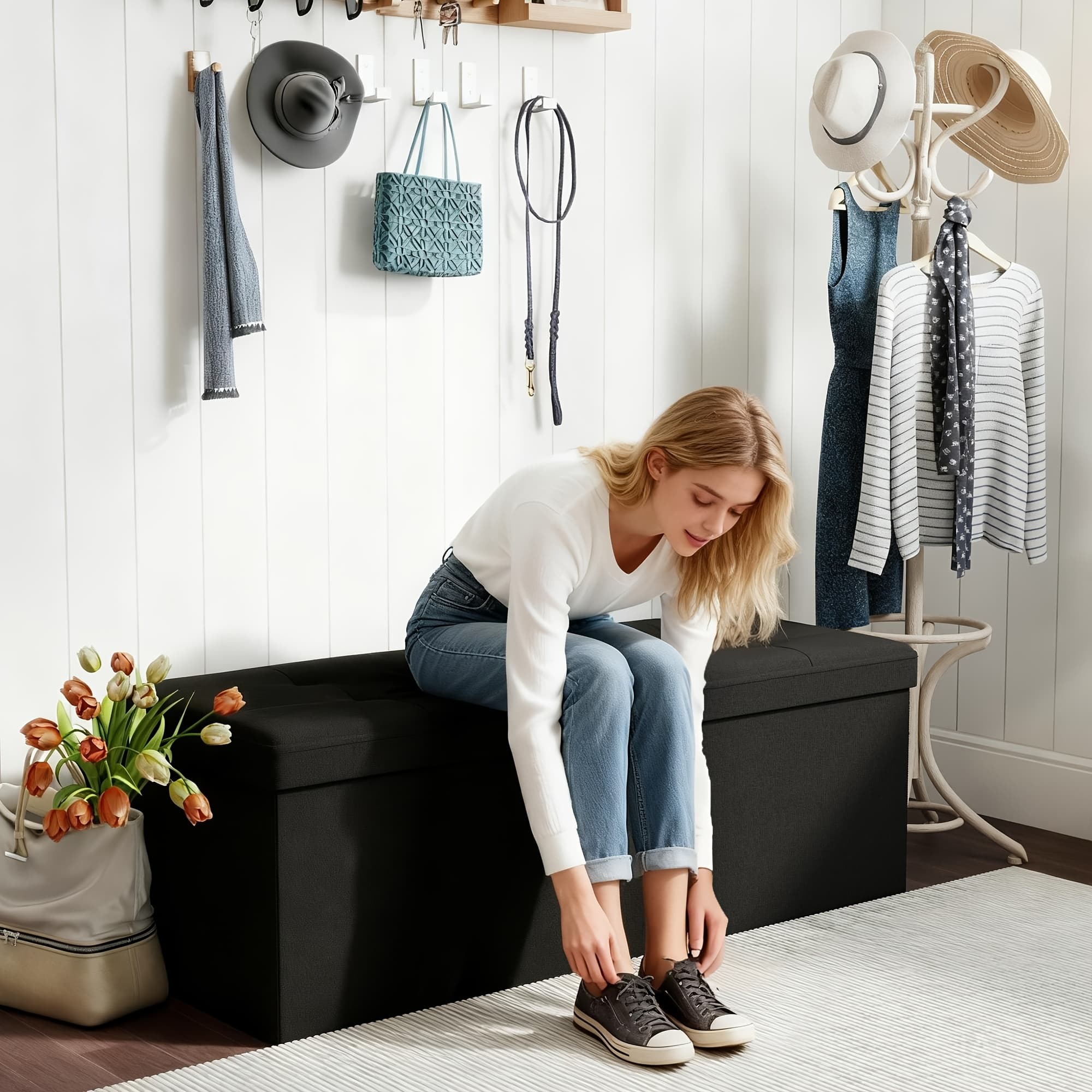 TEMU Leather Or Linen Ottoman Storage Bench, Extra Large Upholstered Ottoman Storage Bench, Ideal For Closet, Living Room, Bedroom, And Entryway, 3 Sizes And 3 Colors