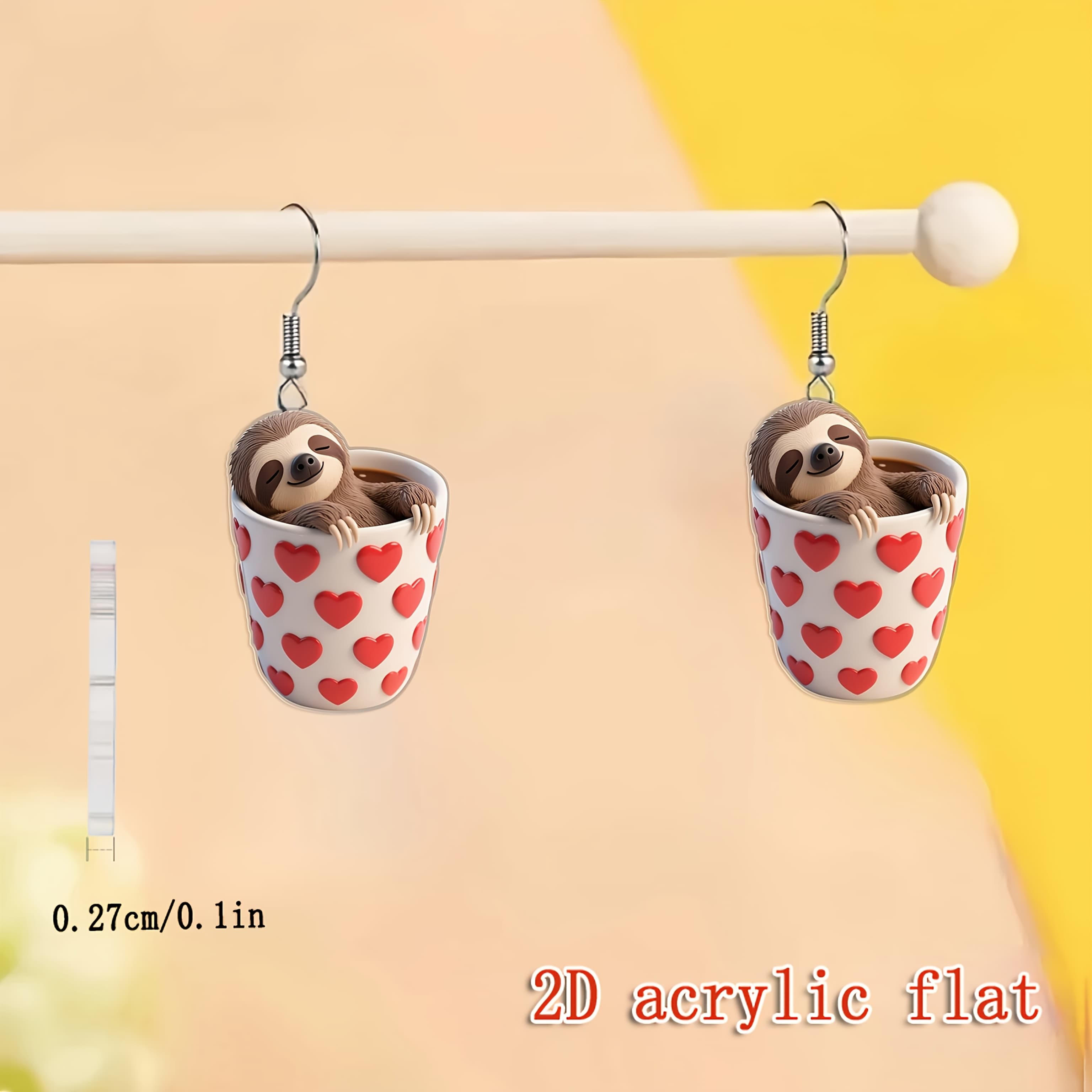 TEMU 2d Flat - 2d Heart Sloth Pattern Pendant Earrings Made Of Acrylic, Perfect For Fashionable Additions And Parties, Ideal As Gifts For Pet-themed Parties