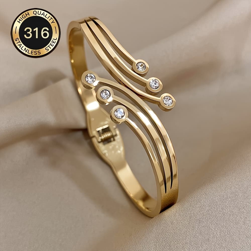 TEMU Selling New Curved 18k Golden Plated Golden-plated Steel Bangle Bangle Bracelet With Embedded Y2k
