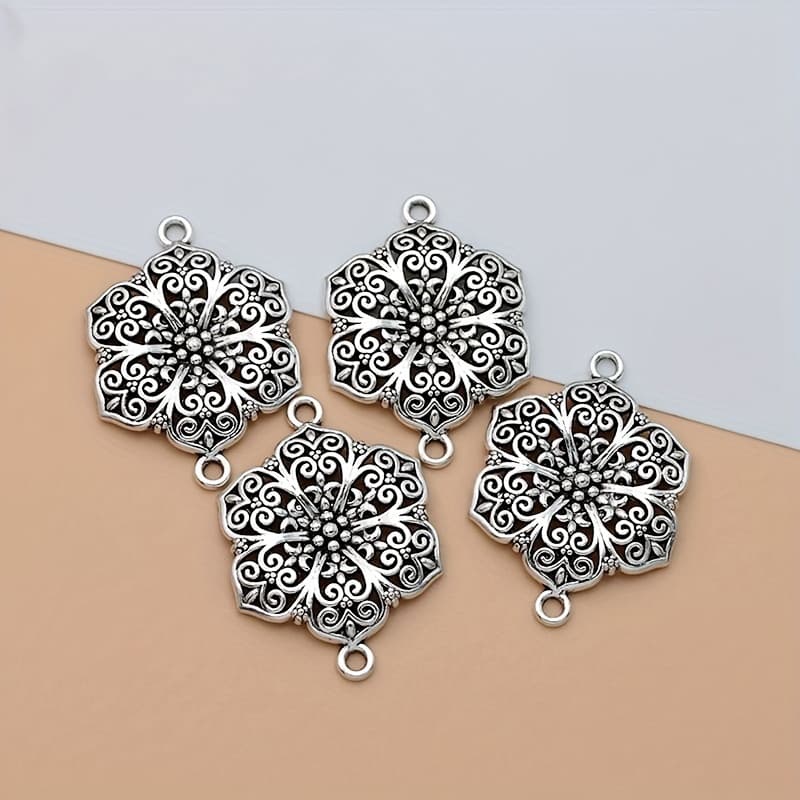 TEMU 4pcs Flower Connector Ancient Silvery Flower Charms, Alloy Flower Connector Flower Charms For Jewelry Making Ideal For Bracelets And Necklaces Earrings Crafting Additions