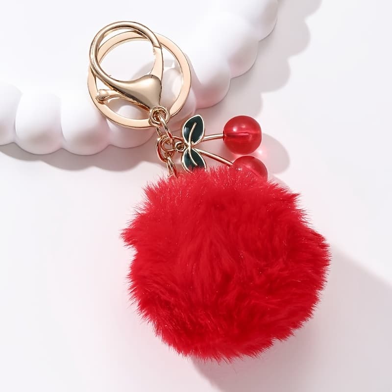 TEMU 1pc Hairy Ball Cherry Keychain, Fashionable Classic, Warm, Sweet And Romantic Winter Style, Car Bag Pendant Gift, Gift For , Souvenir Gift
