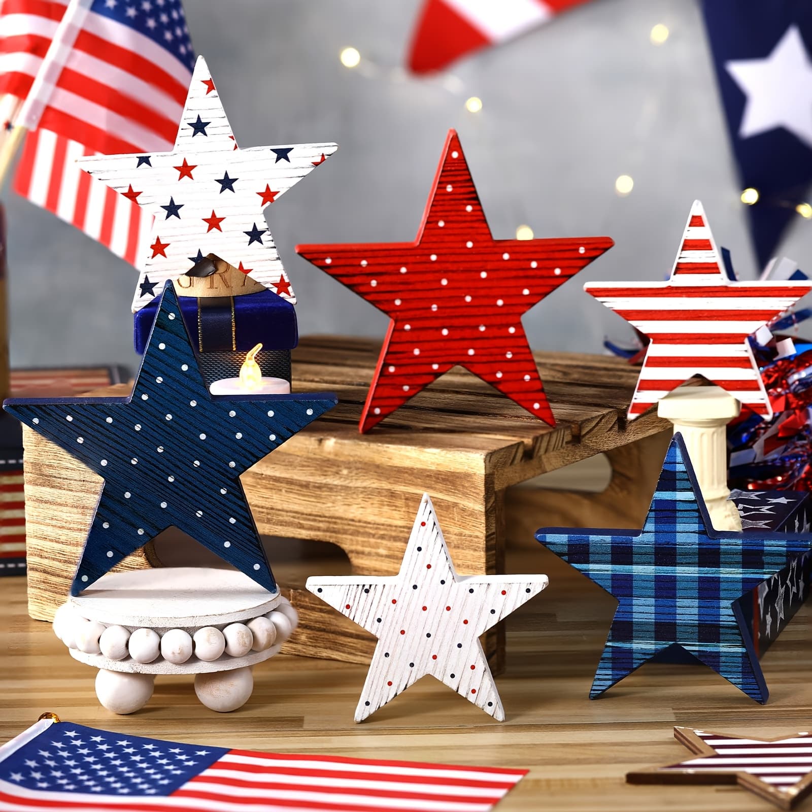 TEMU Wooden Tiered Tray Decor - Layered Shelf Decoration With Artificial Wood Stars Suitable For Mantelpiece, Day, Memorial Day, Labor Day - Patriotic Table Centerpiece Gift For, Office Décor