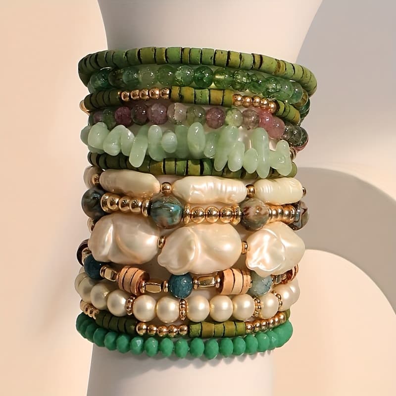 TEMU 13pcs Bohemian Handmade Beaded Bracelets Set, Green Stacked Bracelets For Women, Resin Natural Pearl Beaded Stretch Bracelets For Ladies