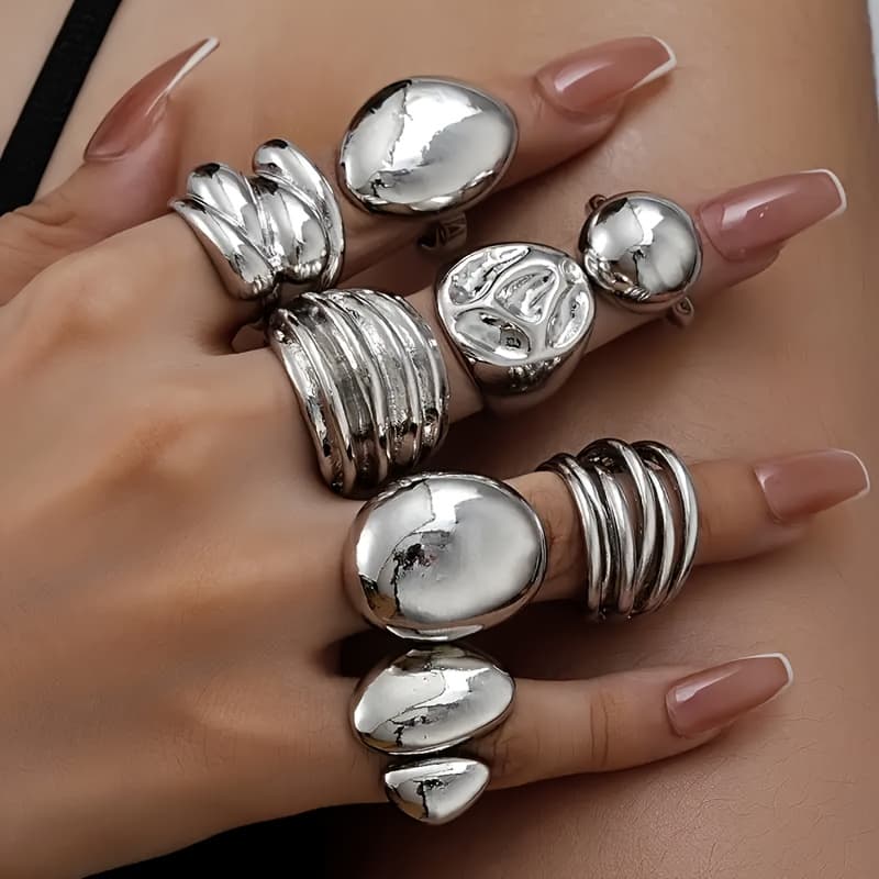 TEMU 8pcs Exaggerated Elegant Geometric Wide Face Irregular Curved Stacking Silvery Ring Set For Daily Wear, Seaside Vacation Party, Dating Holiday Gift