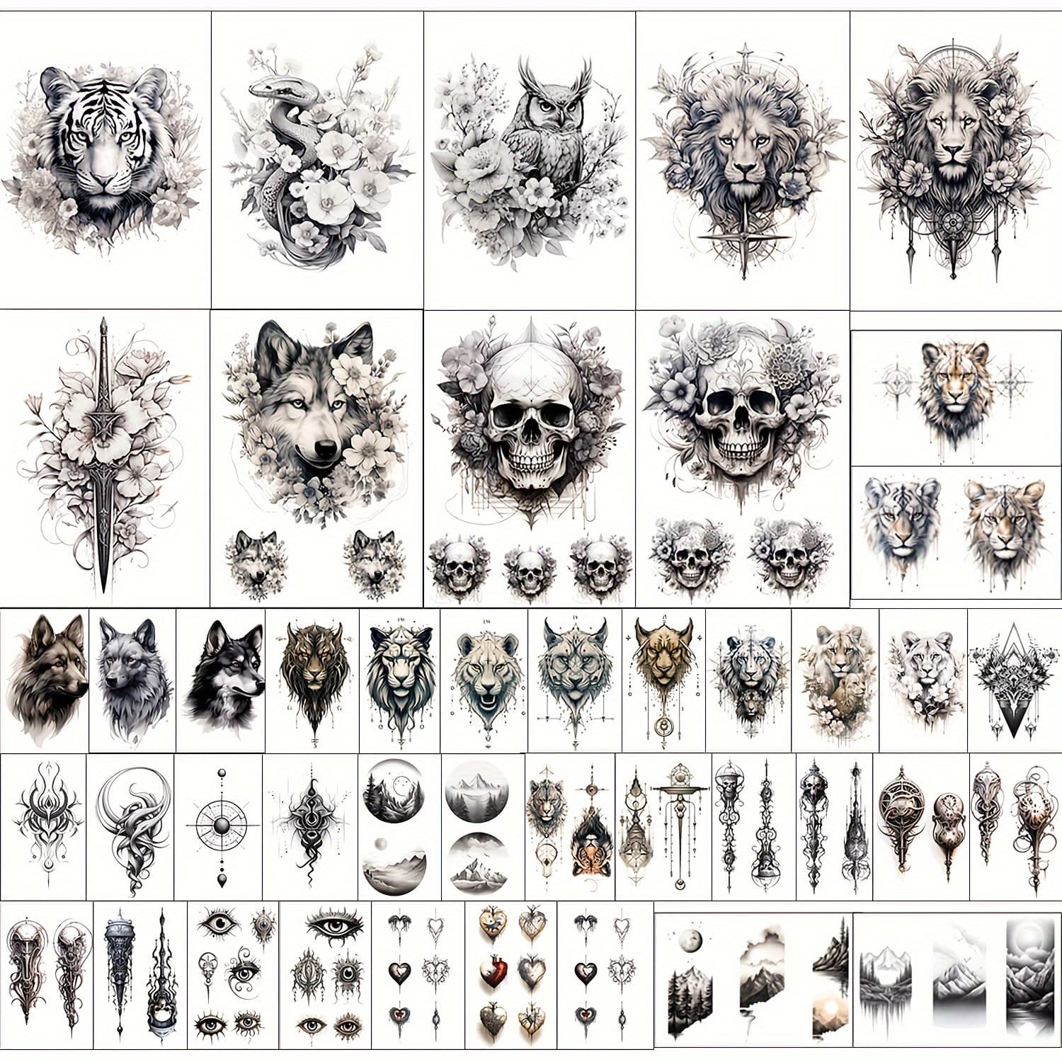 TEMU Glaryyears Temporary Tattoo For Men Adults, 44pcs Large+small Size Realistic Tattoos, Long-lasting Fake Tattoo Stickers, Cool Half Arm Tattoos, Wolf Tiger Tattoo Design