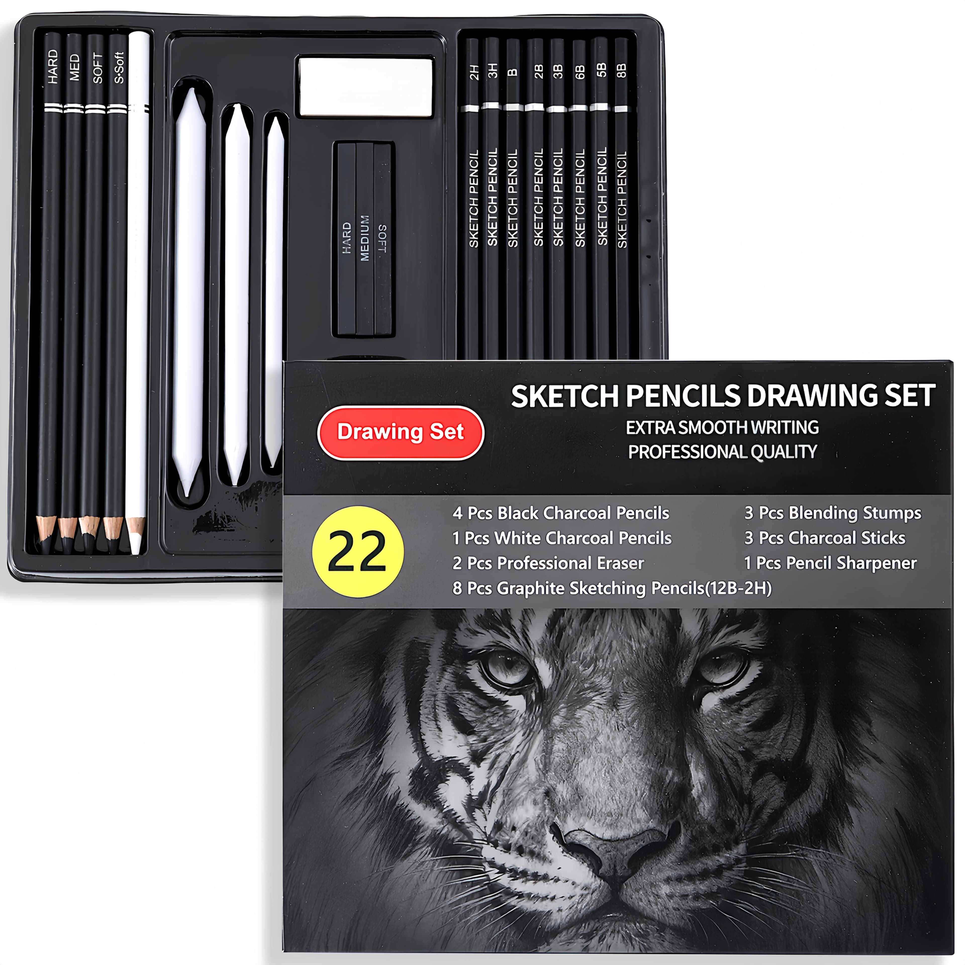TEMU 22pcs Sketching Set, Sketching Supplies, Graphite And Charcoal Pencils, Professional For Art Drawing Kit, Suitable For Artists, Adults, Beginners, Perfect For Shading, Holiday Christmas Supplies