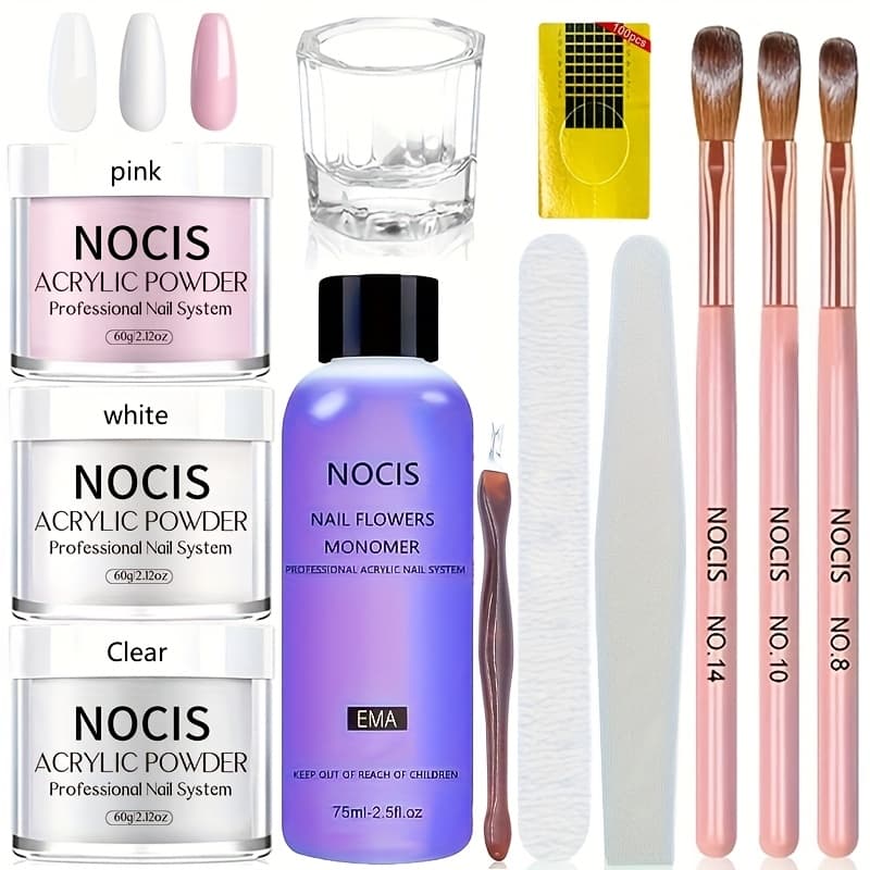 TEMU Nocis Acrylic Nail Kit - Complete With Clear, White, And Pink Acrylic Powder, Monomer Liquid, Nail Brush, Nail Forms, Dappen Dish, And Gift Set - Unscented And