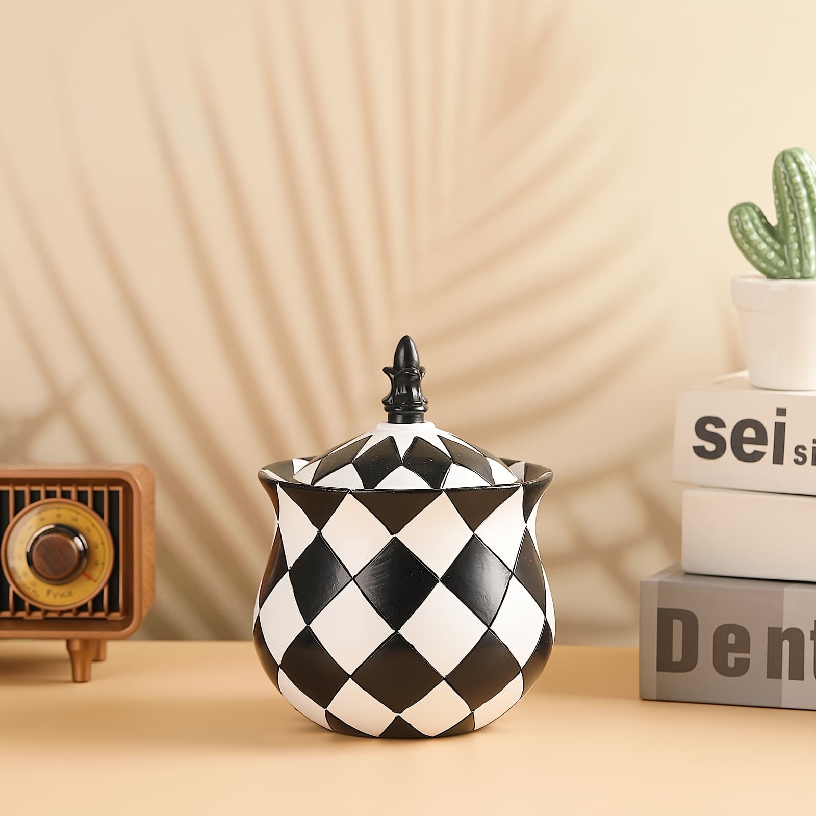 TEMU Creative Jewelry Box Black And White Checkered Storage Box Personality Home Decoration Resin Crafts Festival Souvenirs, Jewelry Boxes