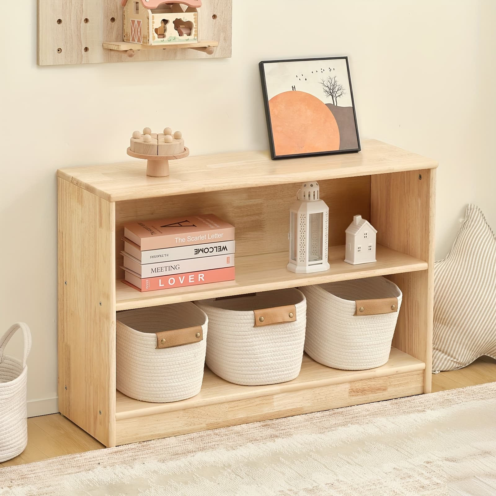 TEMU All Rubber Wood Bookshelf And Storage, 35.4" L, Solid Wood 2-tier Storage Cabinet Shelves And Kids Bookcase For Classroom, Kindergarten, Kids Room, Playroom
