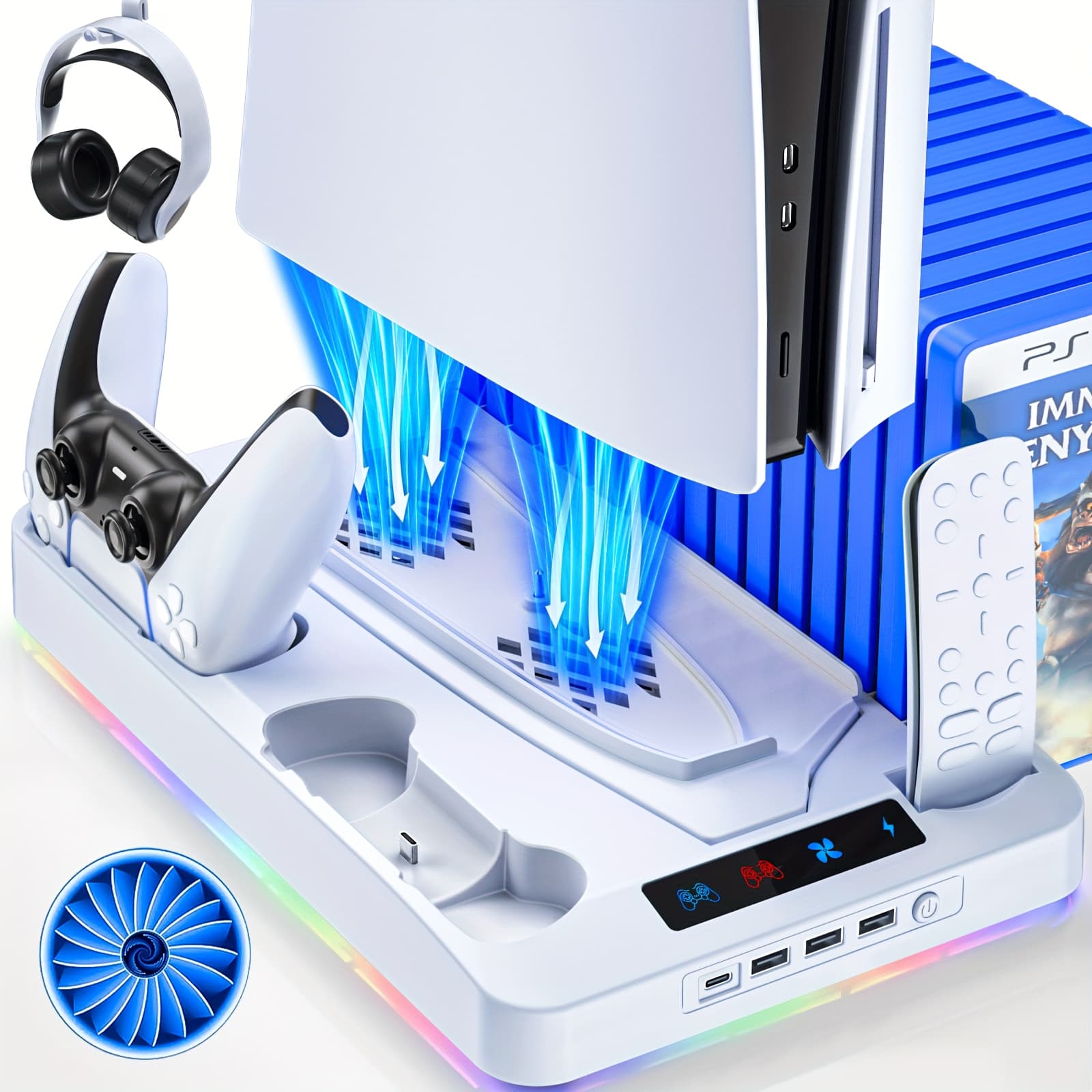 TEMU Cooling Station For Ps5/slim, Cooling Stand With Rgb Led Light, Dual Charging Station Compatible With , Headset And Remote Holders, 16 Game Slots(not Compatible With )