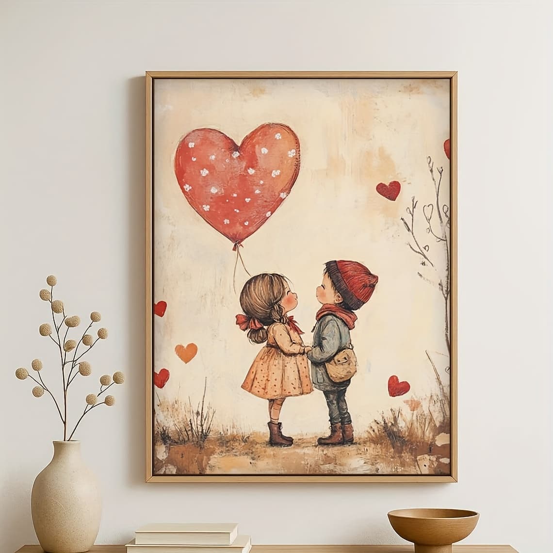 TEMU 2d Flat, 2d Flat 1pc Frameless, Little Boy And Girl Holding And Red Heart, Gift For Him/her, Vintage Room Decor - Perfect Gift For Halloween, Christmas, Valentine's Day, Easter, Etc., Art
