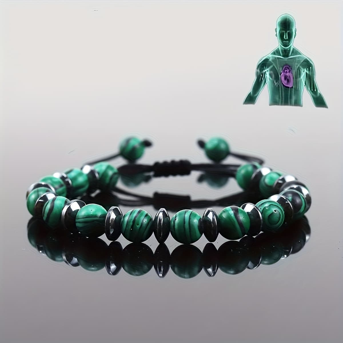 TEMU Natural Malachite & Black Beads Hand-woven Bangle Bangle Bracelet - Adjustable Unisex Suitable For , Genuine Gift For Daily Wear, Parties, Wear, Natural Mineral Accessory