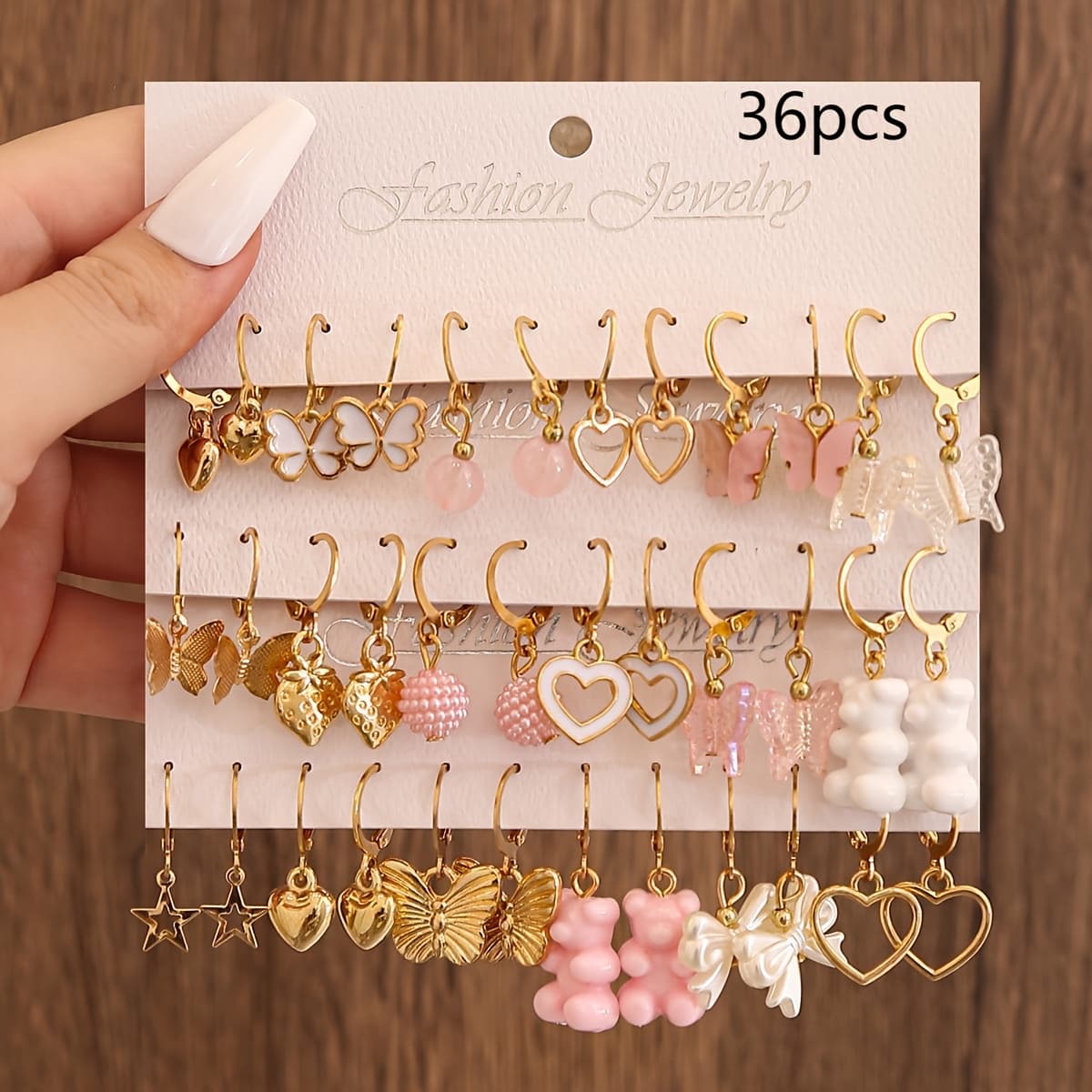 TEMU 36pcs/12pcs Cartoon Earring Set Featuring Pink , Transparent Butterflies, And Hollow Heart Shapes, Perfect For Cute Everyday Casual And Vacation Wear