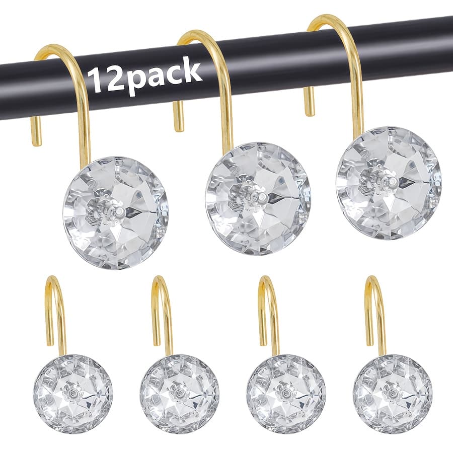 TEMU 12-pack Stainless Steel Shower Curtain Hooks, Transparent Acrylic Decorative Hooks For Bathroom Accessories, Durable Metal Hangers For Curtains And Towels