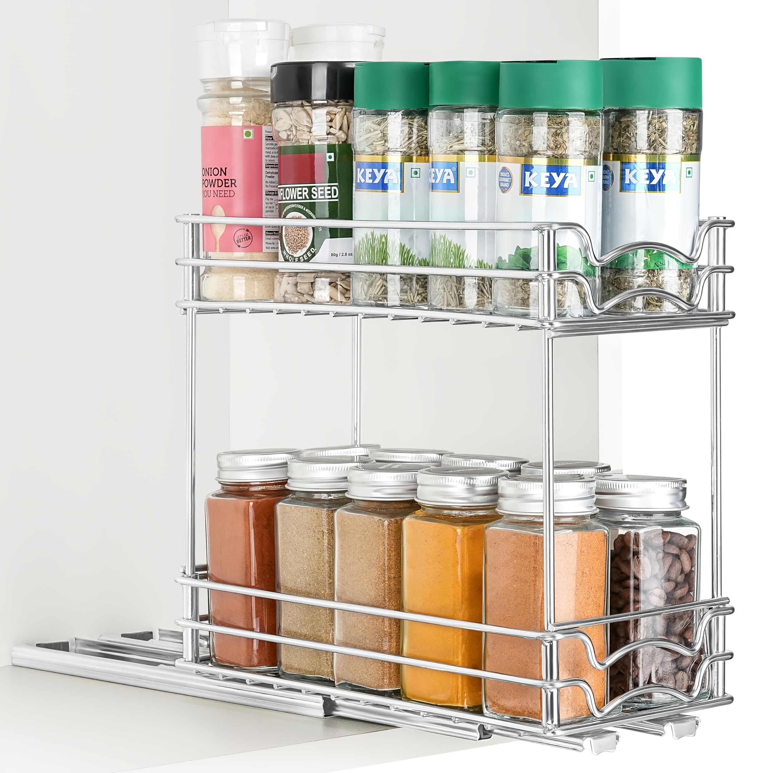 TEMU 2-tier Pull-out Spice Rack - Space-saving Kitchen Cabinet Organizer, Iron Construction, Under Cabinet Shelf, Vertical Cabinet Organizer, Pull Outs