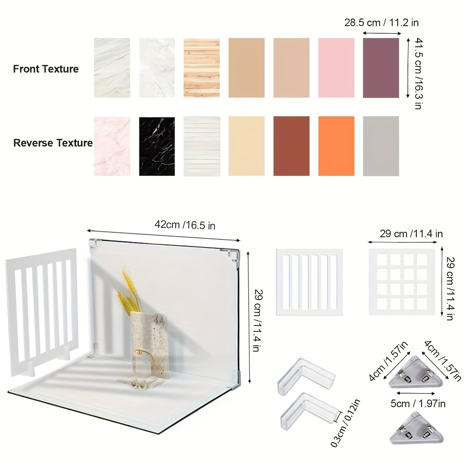 TEMU 7pcs Double-sided Photo Background Board Set, 16x11.5 Inch Pvc Flat Background Paper, 14 Patterns, With 2pcs Inch Blackout Panels, For Product, Food, Jewelry Photography