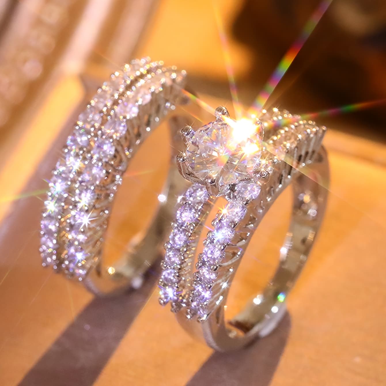 TEMU 2pcs/set Bridal Wedding Stacked Rings Set Golden 6 Prong Setting Synthetic Zirconia Rings For Women Engagement Proposal Jewelry Gift