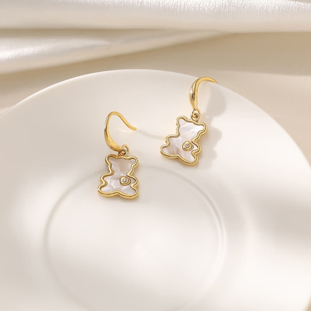 TEMU [] Women's Fashion Shiny Heart Bear Earrings Popular Stainless Steel Earrings For Daily And Vacation Wear