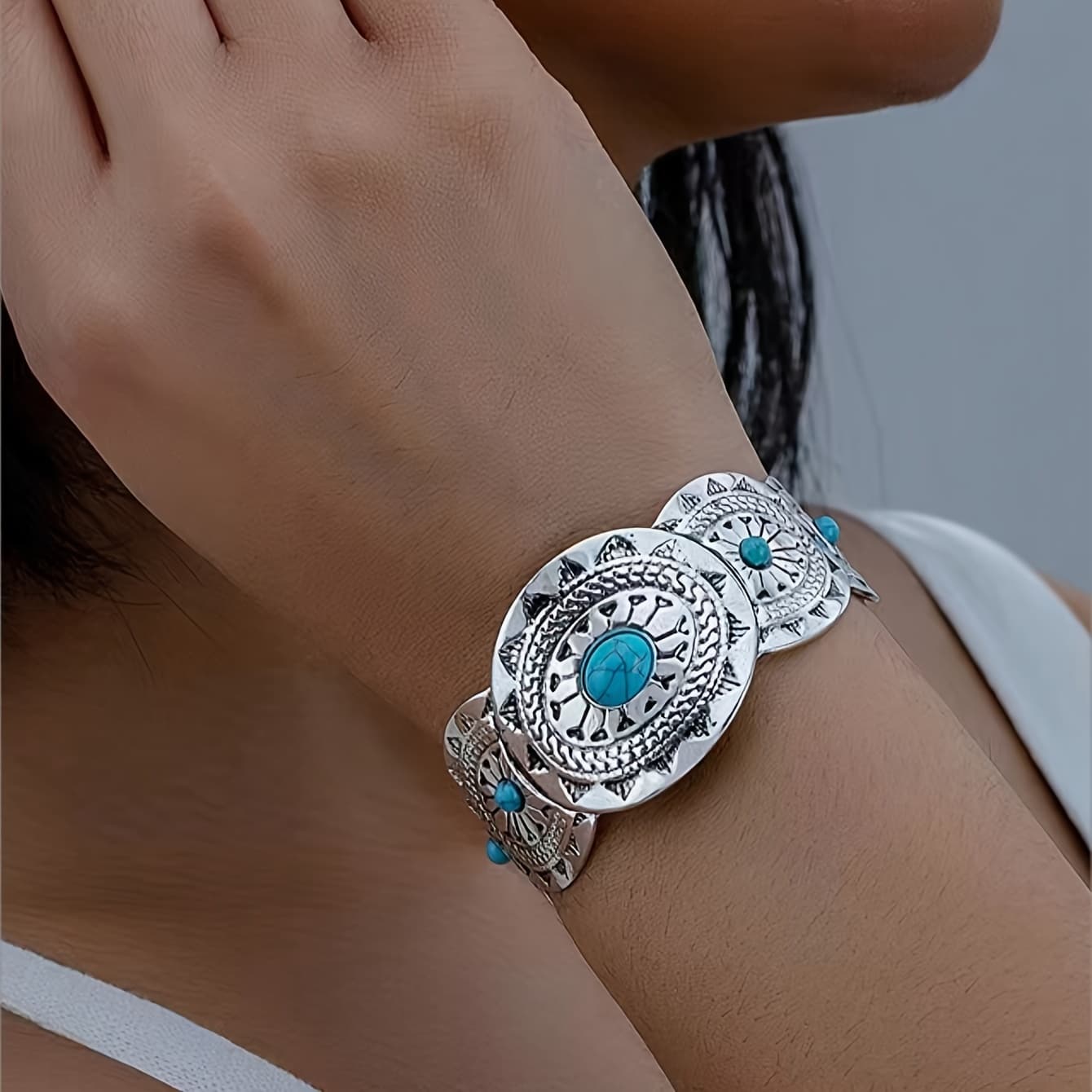 TEMU 1pc Fashion Style Textured Totem Lapis Open Oval Bracelet Suitable For Women' Wear