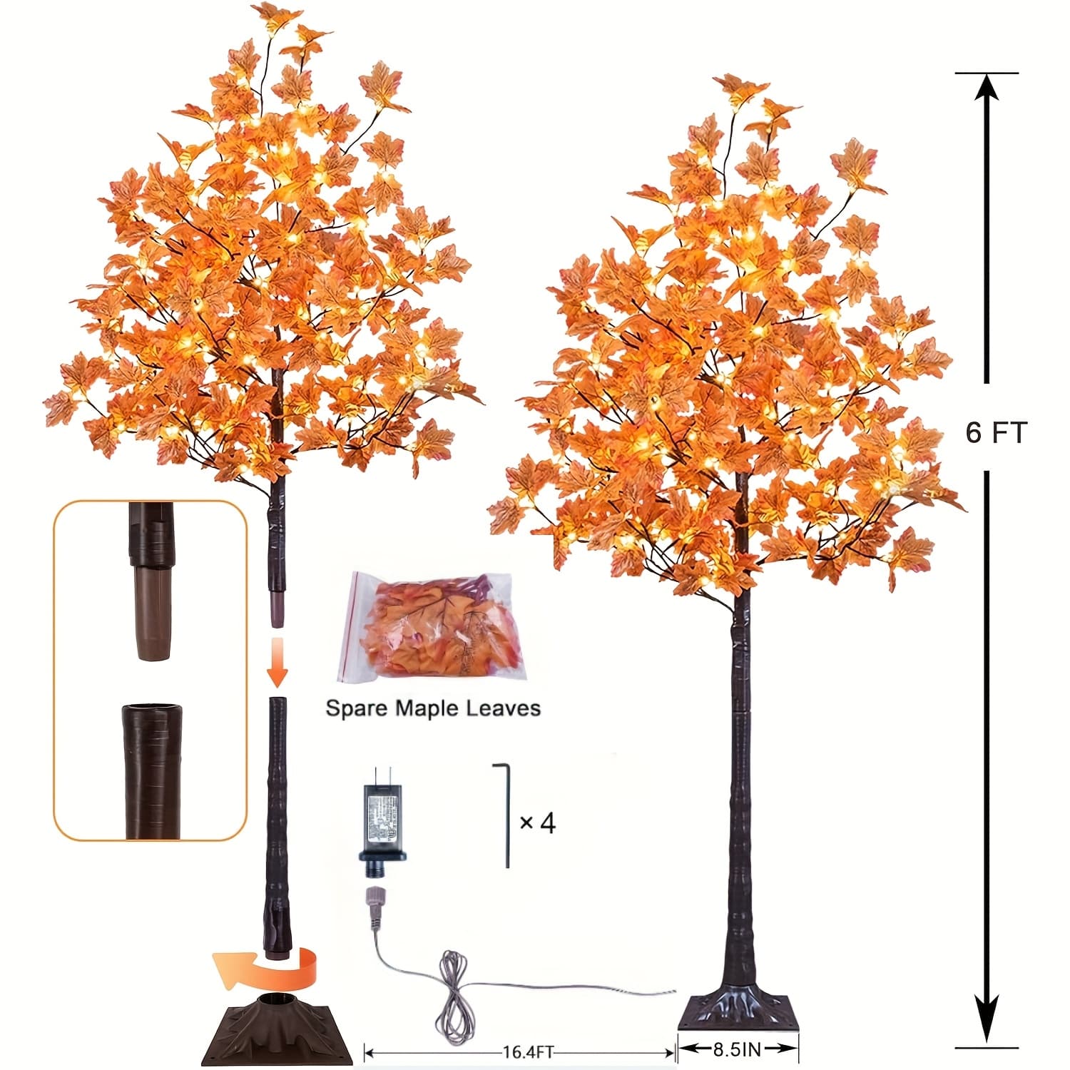 TEMU 1/2pack, 6ft 96led/ 7ft 160led Artificial Lighted 200 Leaves Warm White Fall Decorations Indoor Halloween Christmas Fall, Orange