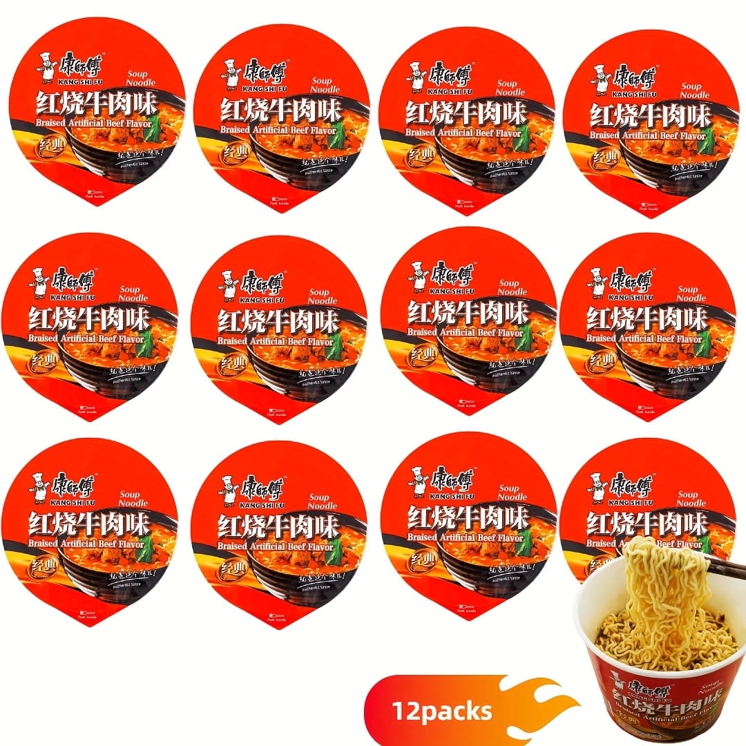 TEMU Master Kong, 12 Packs Braised Beef Flavor Instant Noodles - 3.88oz Each, Quick & Delicious Meal
