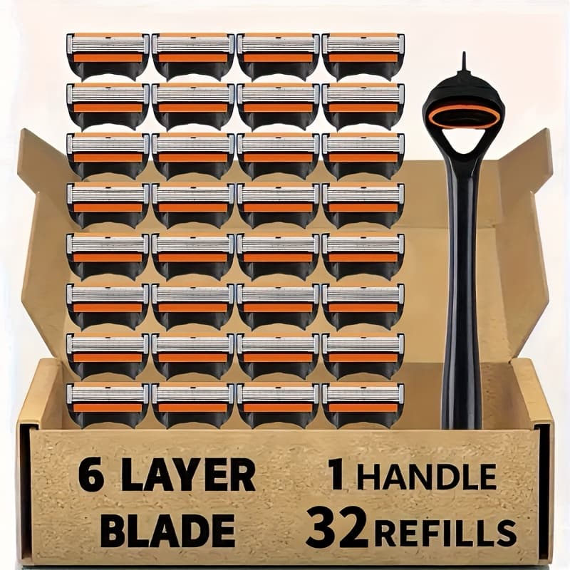 TEMU 1 Handle+32 , Men's High-quality Manual Shaver, 6-layer Stainless Steel , Smooth And Shaving For Safety, Manual Shaving Tool